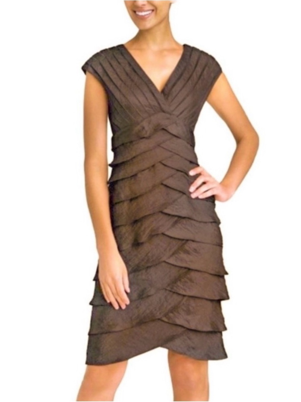 Adrianna Papell Dress Womens 20W Tiered Ruffle Petal V Neck Bronze Iridescent